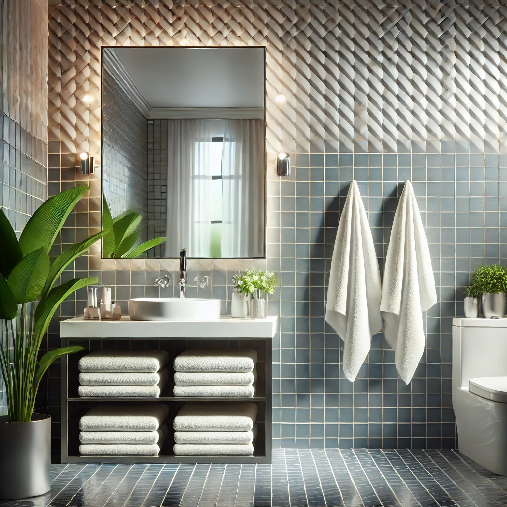 DALL·E 2024 06 30 10.18.54 A sparkling clean bathroom with shining tiles a clean mirror and fresh towels neatly arranged. High resolution no humans present